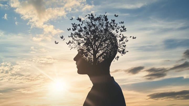 Image of butterflies flying out of a head image with a sunlit sky