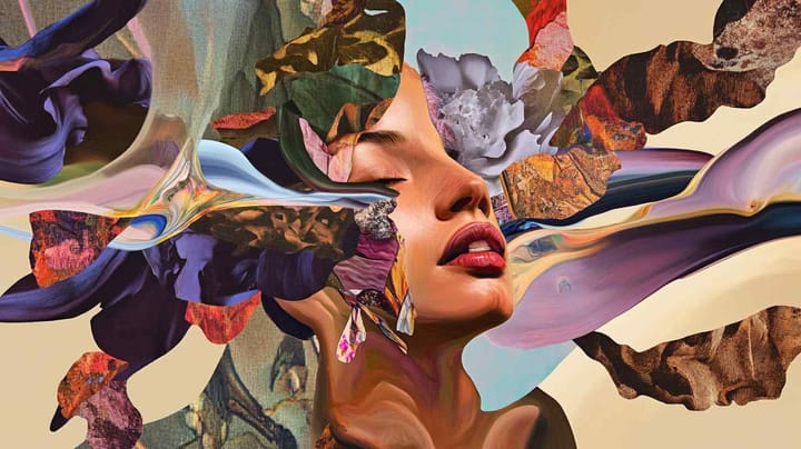 Image of a face with multi-coloured image ribbons coming out of the side of the face