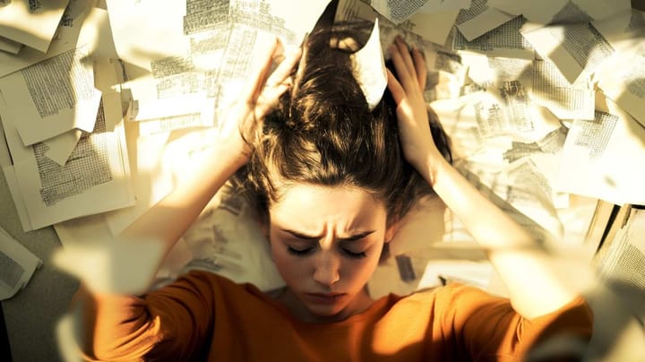 Image a female surrounded by pieces of paper with an anguished look