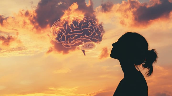Image of a brain floating above a head in a red sky