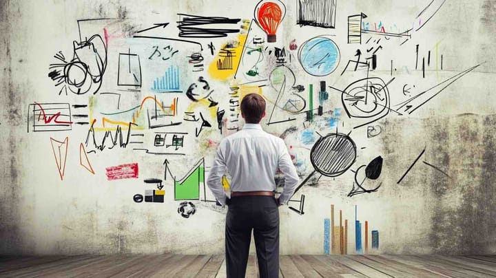 Image of a man looking at a wall with a range of ideas painted on the wall