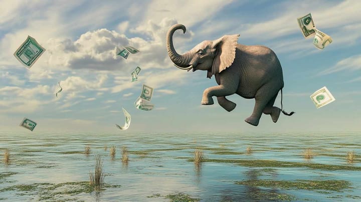 Image of an elephant floating over a lake with dollar bills in the air