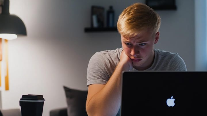 Image of a student looking confused in front of an Apple laptop