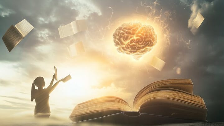 An image of a golden brain floating above a set of books